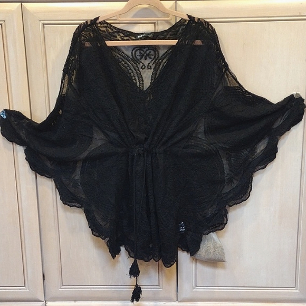💥Black Stretchy Cotton Lace Batwing Top/ Swim Cover / Cover Up - Picture 8 of 16